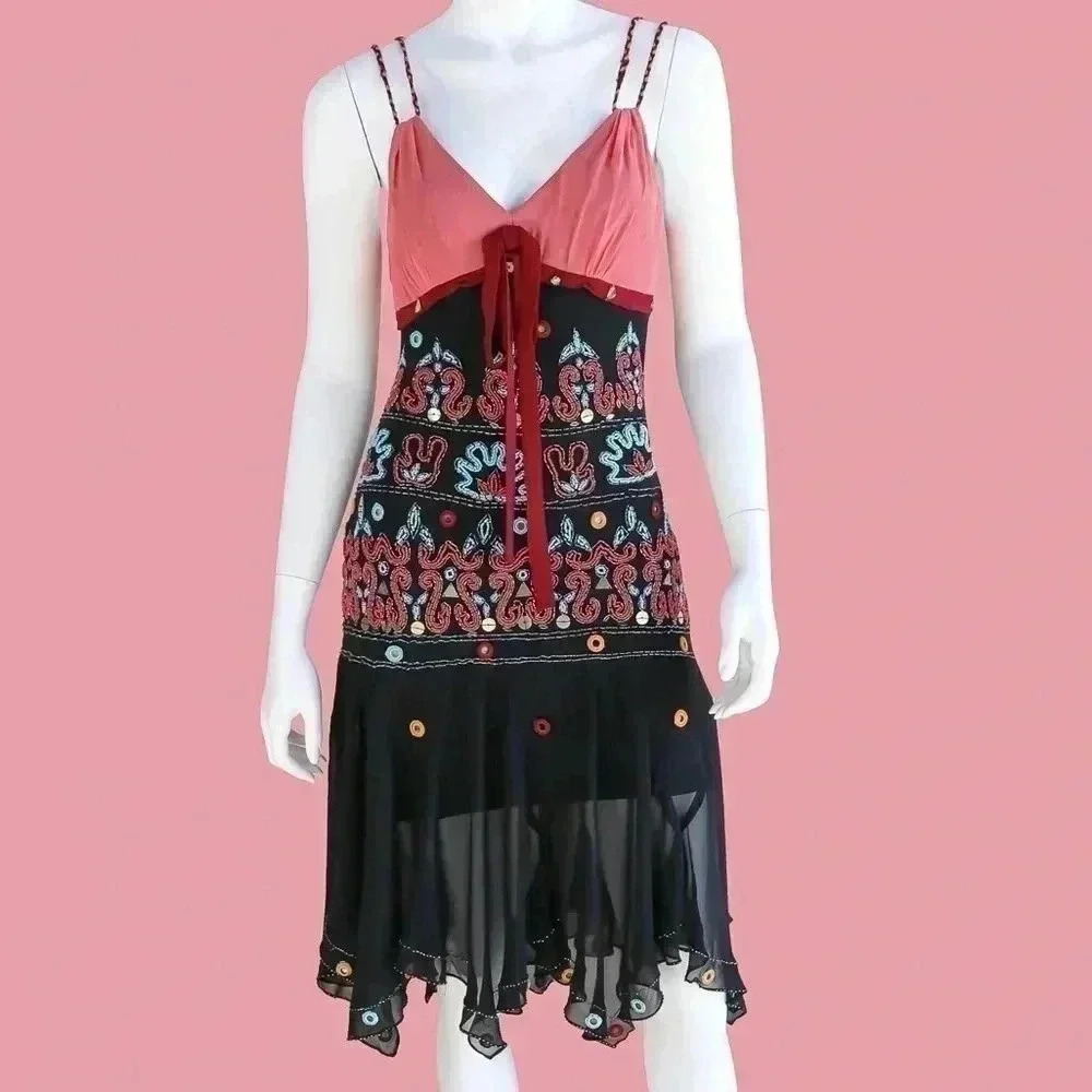 Black and Red Beaded Bohemian Flapper Tank Dress Size 6 boho dress slip on